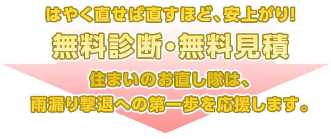 はやく直せば直すほど、安上がり!無料診断・無料見積 住まいのお直し隊は、雨漏り撃退への第一歩を応援します。